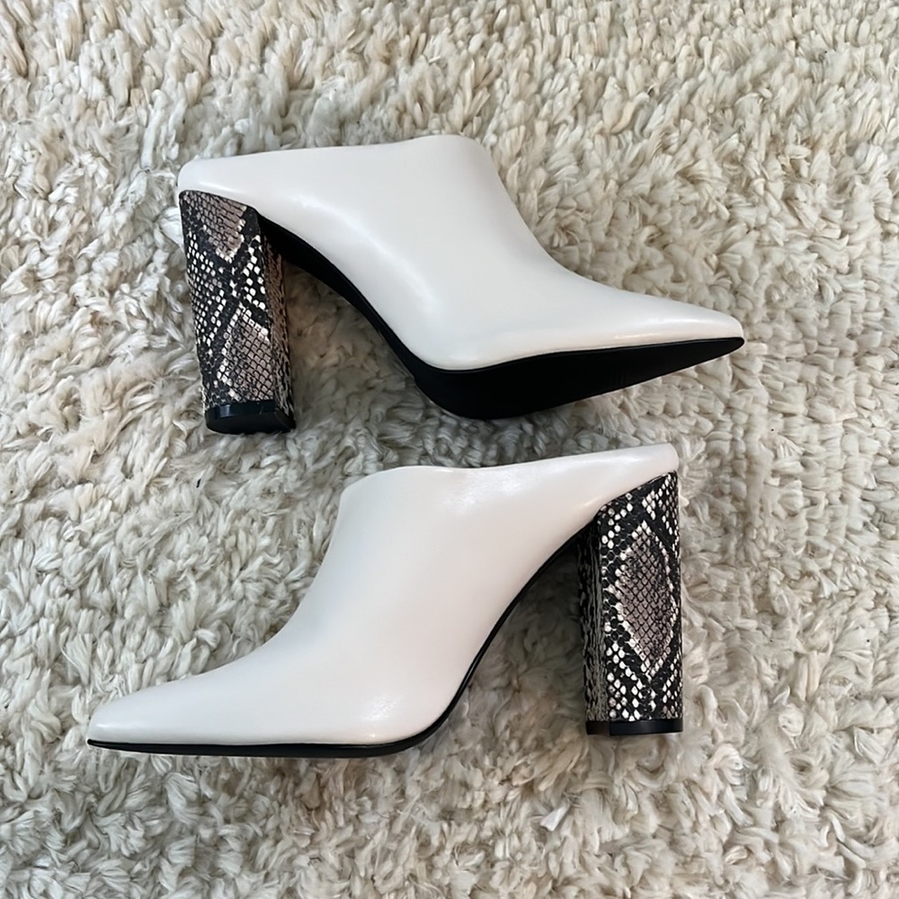 White Pointed Toe Clog With Snakeskin Print Block… - image 1